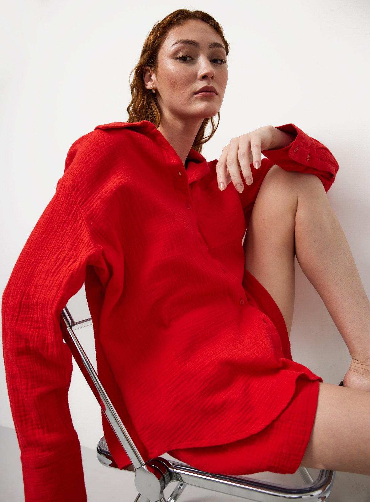 Bright Red Double Cloth Long Sleeve Shirt 18 - Image 1 thumbnail